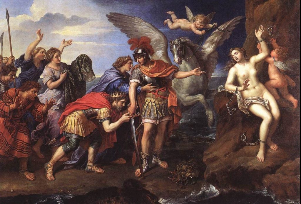 希臘神話中珀耳修斯拯救安德洛墨達的瞬間，由法國畫家皮埃爾·米格納德（Pierre Mignard）於1679 年創作。 