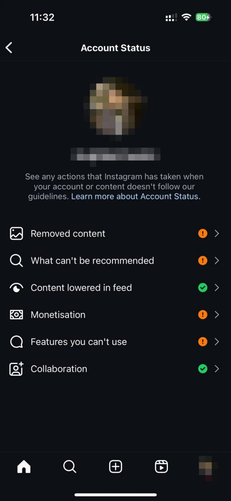 帳戶狀態出現一堆違規燈號。Removed content (已移除內容)： 有違規記錄。What can't be recommended (無法被推薦)： 您的帳號和內容將不會被系統推薦給非粉絲，嚴重影響曝光。Monetisation (營利功能)： 營利功能可能已受限。
Features you can't use (無法使用的功能)： 部分功能被禁用。這就是官方限流的狀態。