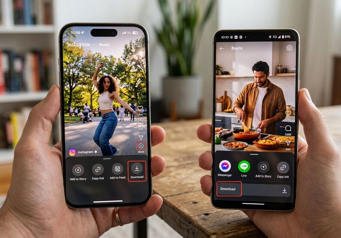手機版IG App Reels下載，若該帳號為公開帳號、且開啟允許下載才會出現下載按鈕。